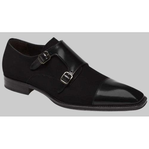Mezlan "Tulsa" Black Genuine Calfskin / Suede Cap Toe Monk Loafer Shoes 16420.